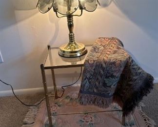Brass Table, Brass Touch Sensor Lamp, Lap Blanket, and Area Rug Play