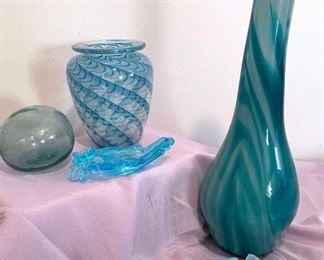 Handblown Murano Style Tall Blue Glass Vase and Collectible Blue Art Glass