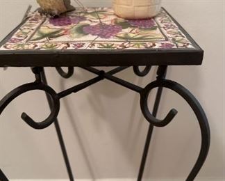 Mosaic Tile Wrought Iron Plant Stand, Kelvins Ceramic Jar, and Bird Windchimes