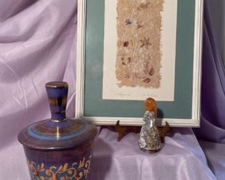 Original Wildflowers Framed Art, Carved Marble Onyx Figurine, and Vee Jackson Pottery with Lid