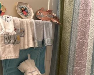 Shower Curtain with 12 Hooks, Matching Handtowels, Coordinating Bath Mat, Art, and Trash Bin