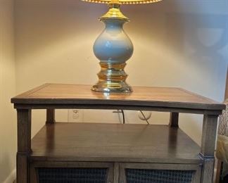 Vintage Drexel Mahogany Night Stand with Brass and Ceramic Lamp