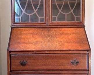 Vintage Maple Wood Secretary with Wood Inlay Glass Doors Desk, 3 Shelves, and 3 Drawers