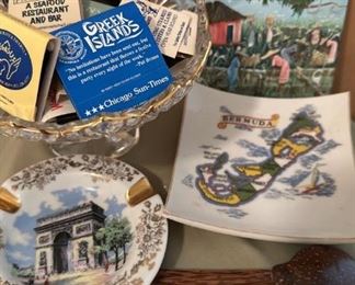 World Travel Souvenirs Limoges and Bermuda Ashtrays, Coconut Shell Spoon, Haitian Art, Crystal Bowl