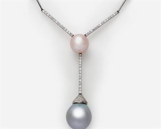 13: Schoeffel Diamond and Pearl Drop Necklace in 18k