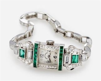 17: Platinum Art Deco Diamond and Emerald Ladies Watch