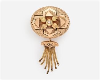 63: Victorian Oval Brooch with Tassel and Seed Pearl in 14k