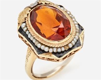67: Vintage Citrine Seed Pearl Enamel Ring: 14k