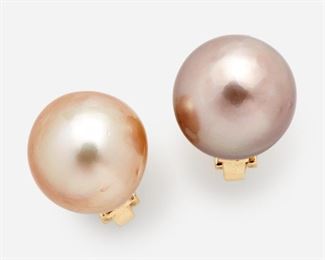 68: Pair of YVEL Freshwater Button Pearl Earrings: 18k