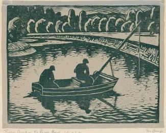 71: ELLA IRANYI "Fisher Boat on the River March" (Linocut)
