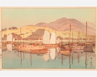 74: HIROSHI YOSHIDA "Waiting for the Tide" (1930 Shin-Hanga Woodblock)