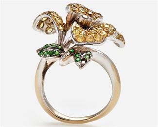 93: Flower Gemstone Ring: Diamond, Sapphire, Garnet, 18k