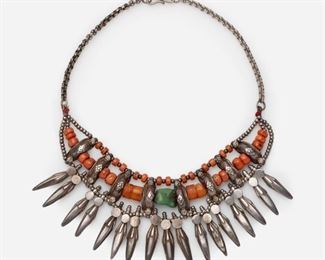 97: Native American Silver, Coral, Amber, Turquoise Necklace
