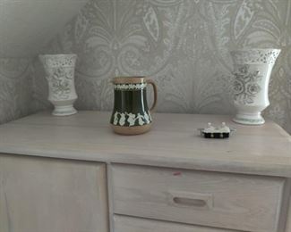 2 white floral vases, Tuscan jug