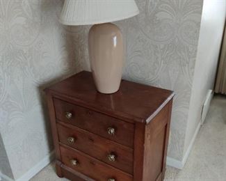 antique three drawer dresser, lamp