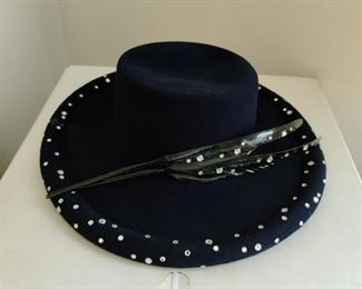 vintage black hat with feather and rhinestone