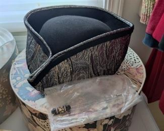 vintage wool black hat with silver pattern