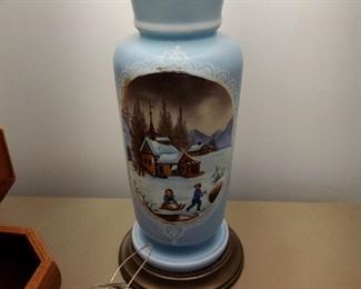 vintage blue glass lamp, glass faces