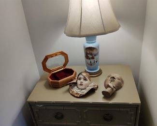 antique three drawer dresser, glass faces, vintage blue glass lamp