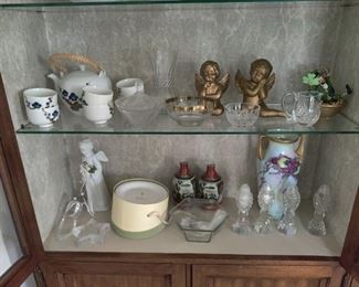 vases, clear glass, crystal salt and pepper shakers, figurines