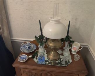 antique lamp, mirror, collectables