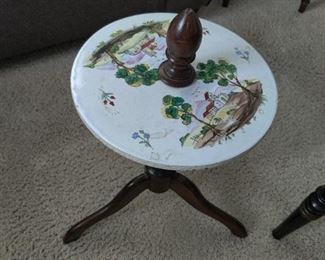 vintage table with wood base and ceramic painted top