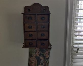 vintage tapestry, vintage storage cabinet with 8 drawers