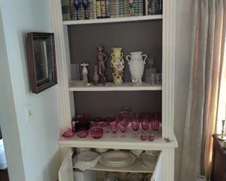 pink cranberry glass, Royal Doulton, vases, book, figurines