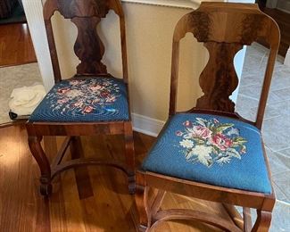 American Classic Empire Revival chairs (6), ca. late-19th - early-20th centuries; rosewood, fabric, burl rosewood veneer, embroidered needlepoint wool thread.