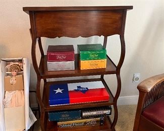 wood lectern and board games