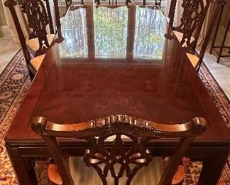 Beautiful Drexel dining table with six side and two arm chairs are all in excellent shape.  Anchored by an 8' x 10' Karastan rug.