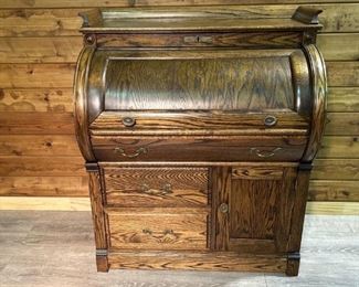 Vtg. Oak Crest Oak Roll Top, Barrell Desk