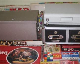 Fire safe metal box, vintage board games.