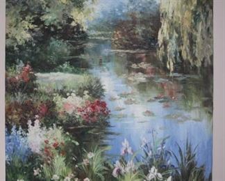 Large serene lake scene, acrylics on canvas.