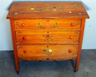 Antique Maple 3 Drawer Dresser With Painted Floral Design, 34" x 36" x 18"