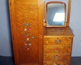 Antique Maple 4 Drawer Wardrobe With Painted Floral Design, Includes Mirror, 58.5" x 43" x 20"