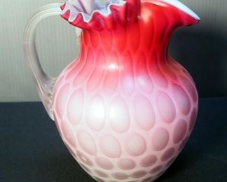 Ruffled Top Satin Glass Water Pitcher With Coin Spot Pattern And Reeded Handle, 7.5" Tall