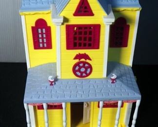 Vintage 1980 Fisher Price Little People Play Family Tudor House #952 Dollhouse, Sesame Street Store Front, And Sabrina The Teenage Witch House