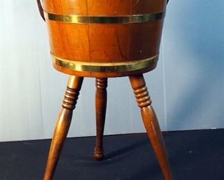 Mid Century Firkin Wood Sewing Bucket With Handle And Three Legs, 22" Tall