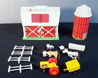 Vintage Fisher Play Family Farm With Collection Of Fencing, Farm Animals, And Tractor, And Fisher Price #915 Silo