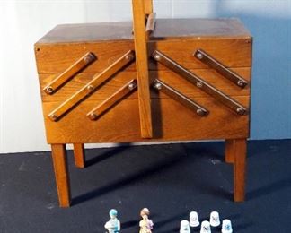 Mid Century Modern Wooden Accordion Sewing Box With Legs And Handle, Includes Contents, Thimbles, Qty 6, And More