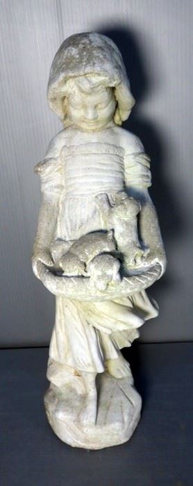 Concrete Garden Statue, Girl With Puppies In Basket, 22" Tall