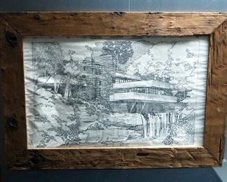 Wood Framed Frank Lloyd Wright, Falling Water House, 39" x 27"