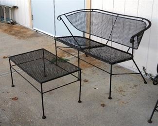 Vintage Wrought Iron Patio Bench, 29.5" x 43" x 26", Seat Height 16", And Coffee Table, 15" x 30" x 18"