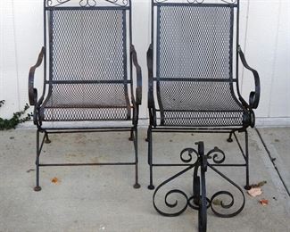 Vintage Wrought Iron Patio Rocker Chairs, 34.5" x 22" x 26", Seat Height 18", Qty 2, And Umbrella Stand