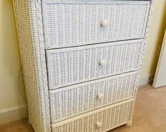#49 - $365 -White wicker Queen bed and night stands & tall chest - Bedding Not included (priced separetly) 