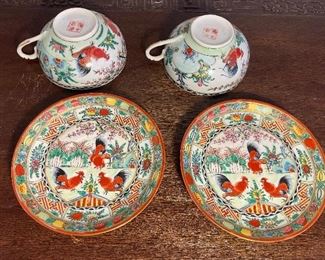 20______$90 
Pair of Chinese rooster tea cups and saucers 