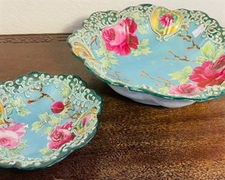 #57 - $46 Pair of porcelain dishes Asian - turquoise & pink 