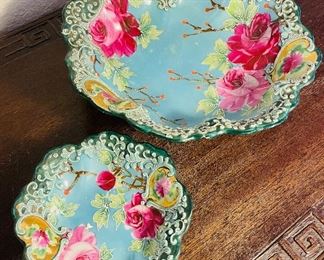 #57 - $46 Pair of porcelain dishes Asian - turquoise & pink 