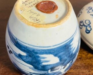 27_____$150 
Blue and white old antique chinese ginger jar (says 400 yrs)
28_____$100 
Blue and white old antique chinese round box
